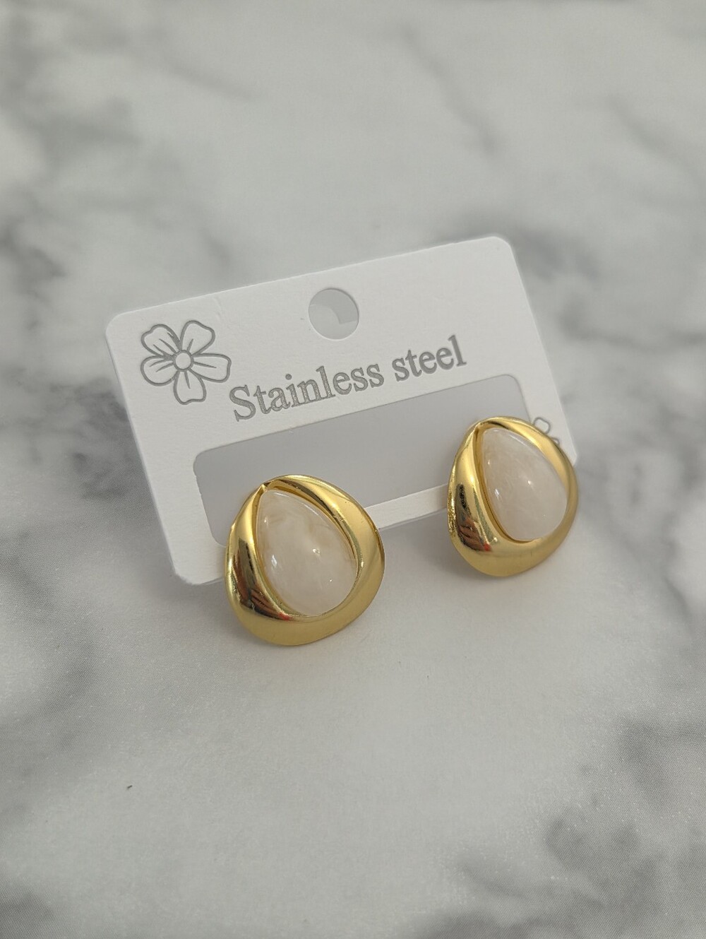 Stainless Steel Gold Tear Drop Earrings White Marble Resin Chic Minimalist - Picture 5 of 14